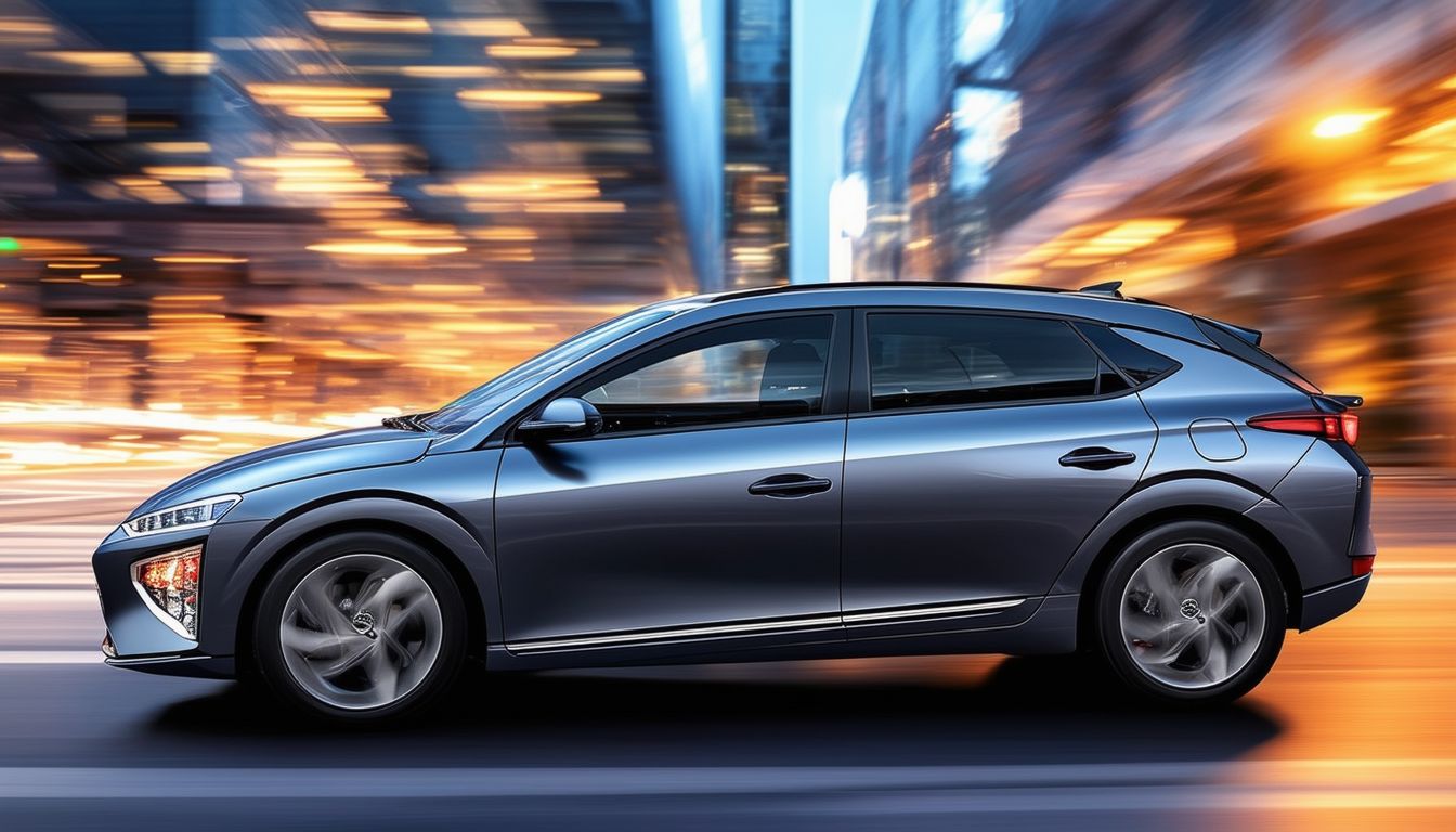 Gray 2021 Hyundai Ioniq Hybrid from Ride Ninja driving through a city, showcasing its sleek design and hybrid technology, focused on the vehicle's mid-section without showing the wheels.